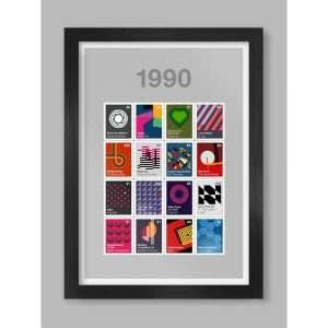 A music print with 16 iconic songs from 1990 represented in a modernist style