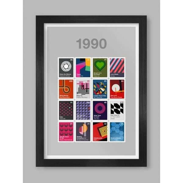 A music print with 16 iconic songs from 1990 represented in a modernist style