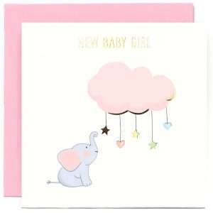 A cute baby girl card with an image of an elephant looking up at a pink cloud with stars hanging from it.