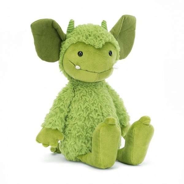 Grizzo Gremlin is an apple green cuddly gremlin from Jellycat, with white horns and fangs.