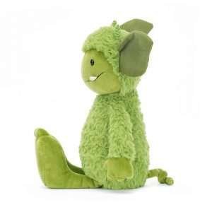 Grizzo Gremlin is an apple green cuddly gremlin from Jellycat, with white horns and fangs.