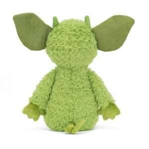 Grizzo Gremlin is an apple green cuddly gremlin from Jellycat, with white horns and fangs.