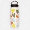 A nlovely metal waterbottle which has multi coloured hearts all over it and a black screw top lid