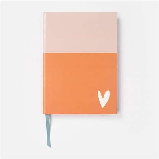 A lovely notebook with a pink and orange design with a little pink heart in the corner.
