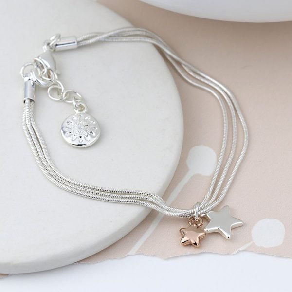 Triple Chain Bracelet with Rose Gold and Silver Stars