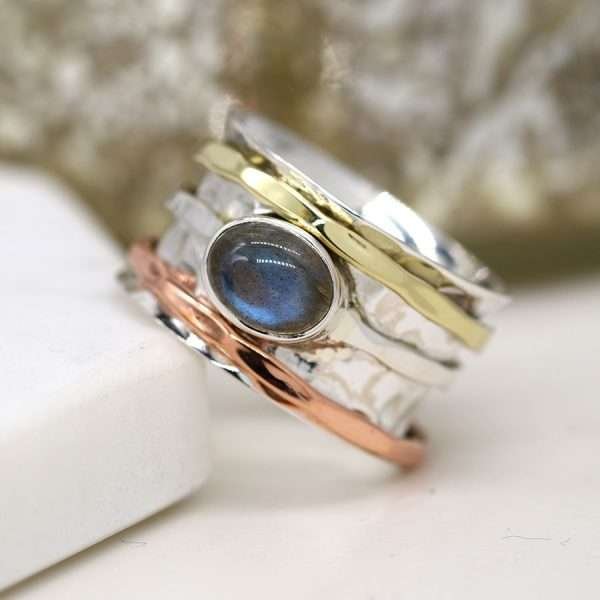Sterling Silver Spinning Ring with Mixed Bands and Labrodite Cab