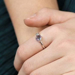 Sterling silver fine band ring with double stone design featuring faceted mystic topaz and CZ crystal in decorative settings