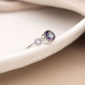 Sterling silver fine band ring with double stone design featuring faceted mystic topaz and CZ crystal in decorative settings