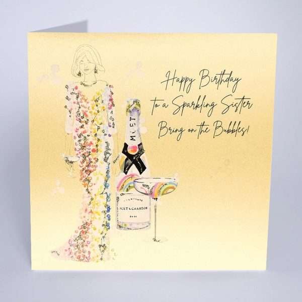A sister birthday card with a hand painted illustration of a lady in a dress