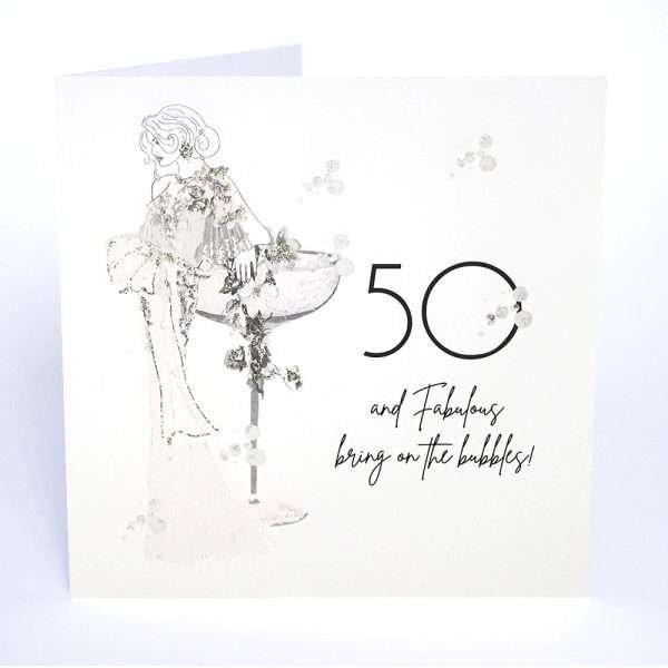 A hand painted birthday card from Five Dollar shake with an elegant last and 50 and fabulous bring on the bubbles