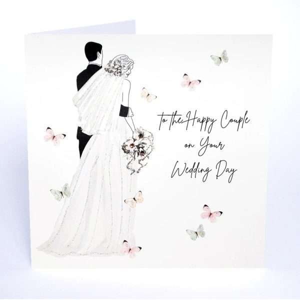A hand painted wedding card depicting a couple on their wedding day. To the happy couple on your wedding day