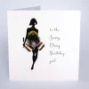 A lovely card with a silhouette design and some feathers and diamanté on it. The words To The Sassy Classy Birthday Girl are printed on the card