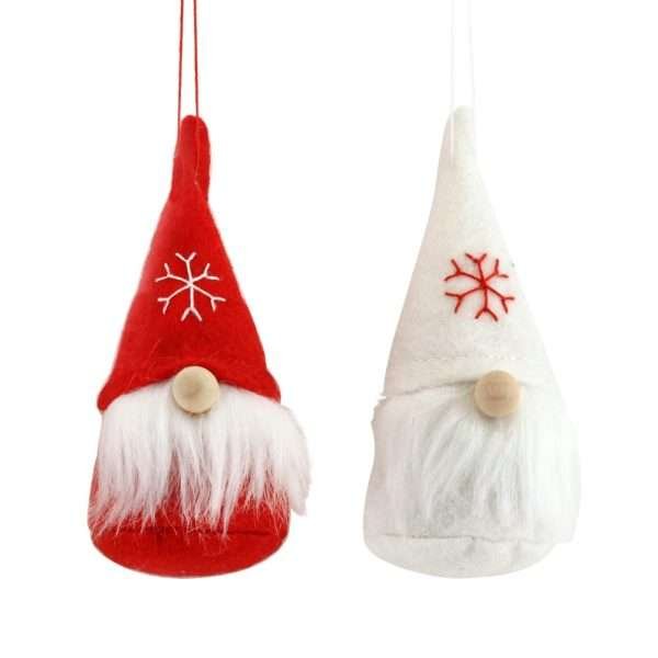 A hanging gonk santa with a felt santa hat and white beard in either red or white