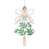 A hanging fairy decoration with silver wings and a holly leaf dress
