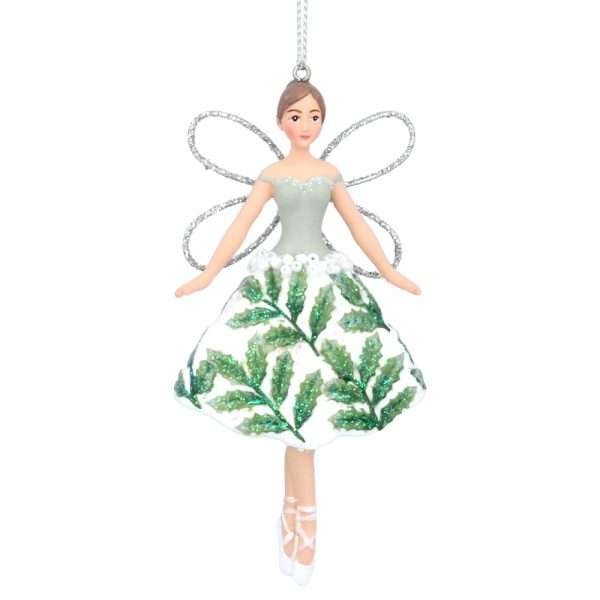 A hanging fairy decoration with silver wings and a holly leaf dress