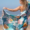 Silk feel marine blue scarf with a pink mustard and auqa mix paradise floral print with patterned border