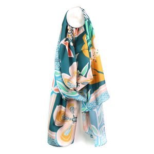 Silk feel marine blue scarf with a pink mustard and auqa mix paradise floral print with patterned border
