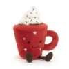 A cuddly toy. A soft red cup with stars and a white fluff of cream on top with a cute face. from jellycat