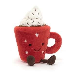 A cuddly toy. A soft red cup with stars and a white fluff of cream on top with a cute face. from jellycat