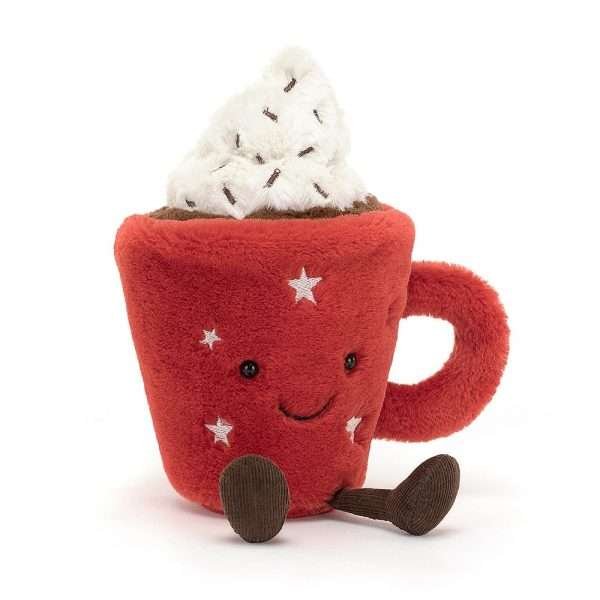 A cuddly toy. A soft red cup with stars and a white fluff of cream on top with a cute face. from jellycat