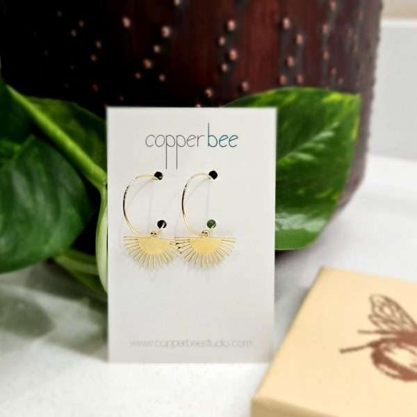 Sunset earrings Brass sunsets on gold plated hoops