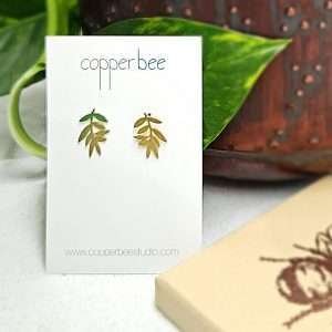 Flutter leaves earrings. stud earrings with brass branch of leaves
