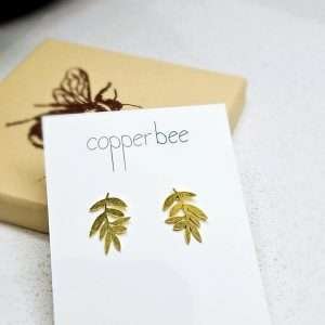 Flutter leaves earrings. stud earrings with brass branch of leaves