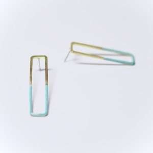 rectangular brass hoop earring dipped in turquoise enamel