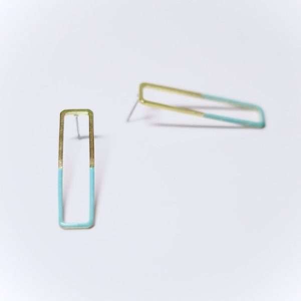 rectangular brass hoop earring dipped in turquoise enamel