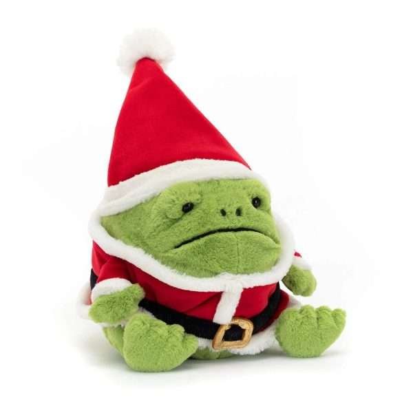 A green cuddly rain frog with a sad face and a cute santa outfit