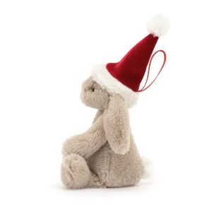 Jellycat Bashful Christmas Bunny Decoration. A soft little beige bunny in a red Christmas hat hanging decoration