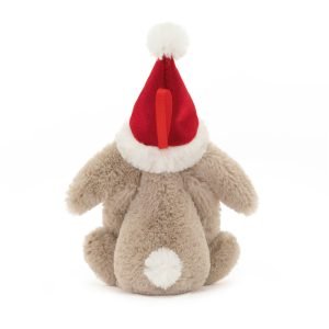 Jellycat Bashful Christmas Bunny Decoration. A soft little beige bunny in a red Christmas hat hanging decoration