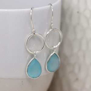 Sterling silver drop earrings with a hoop and aqua chalcedony teardrop on fine sterling silver earring hooks