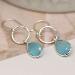 Sterling silver drop earrings with a hoop and aqua chalcedony teardrop on fine sterling silver earring hooks
