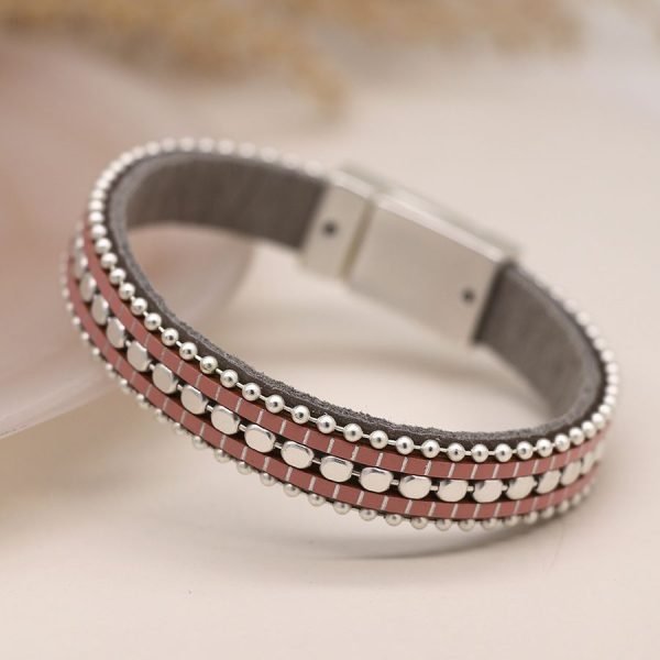 Dusky Grey, Pink and Silver Leather Bracelet