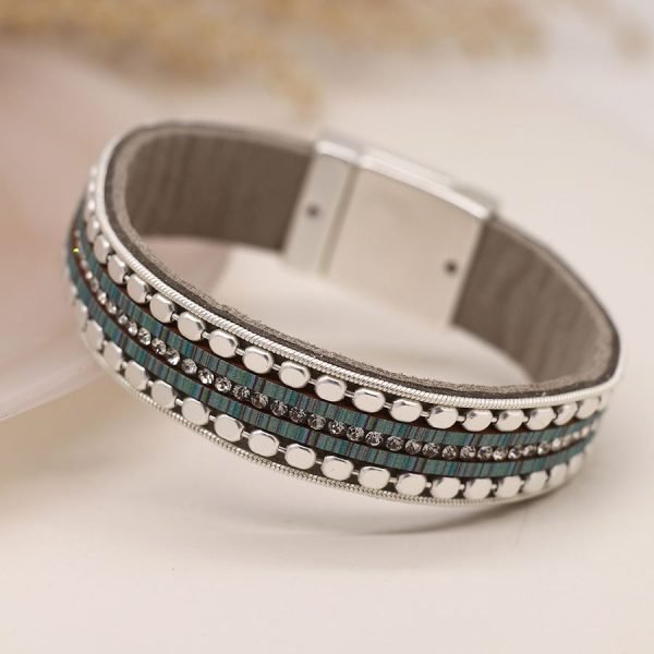 Dusky Grey, Aqua and Silver Leather Bracelet