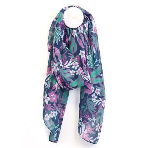 a teal and purple tropical vine and floral print scarf