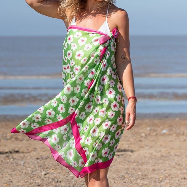 Silk feel lime green scarf with pansy print and vibrant pink border
