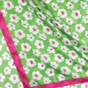 Silk feel lime green scarf with pansy print and vibrant pink border