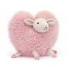 A pink fluffy heart shaped sheep soft toy from Jellycat. A pink fluffy heart body with a white head and legs