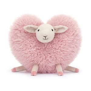 A pink fluffy heart shaped sheep soft toy from Jellycat. A pink fluffy heart body with a white head and legs