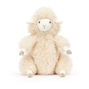A fluffy cream sheep cuddly toy from Jellycat. sitting down with a curly fluffy coat and a cream cute face