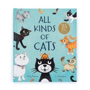A hardback book for children about cats. The cover is shown in blue with all the cat characters from the book