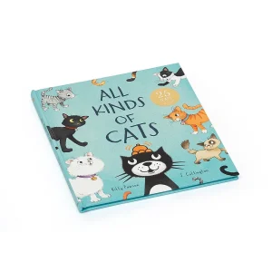A hardback book for children about cats. The cover is shown in blue with all the cat characters from the book