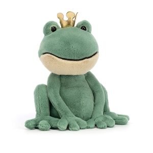 A frog soft toy from Jellycat. A cute green velour frog with a golden crown