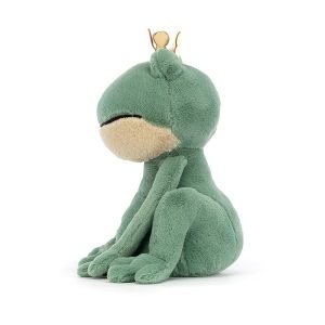 A frog soft toy from Jellycat. A cute green velour frog with a golden crown