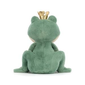 A frog soft toy from Jellycat. A cute green velour frog with a golden crown