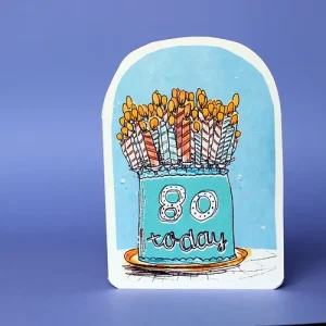 A birthday card with a blue cake on a blue background. there are 80 candles on the cake and 80 today on the front of the cake