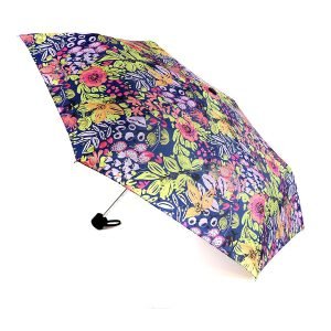 Recycled polyester umbrella with a blue, lime and coral pink mix garden flower print