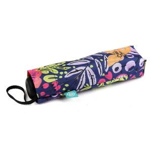 Recycled polyester umbrella with a blue, lime and coral pink mix garden flower print